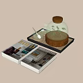 Minimalist Modern Glass Teapot With Wooden Lid On Tray And Books Over Beige Background