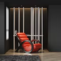 Red Modern Lounge Chair In Interior With Black And White Vertical Partition And Side Table