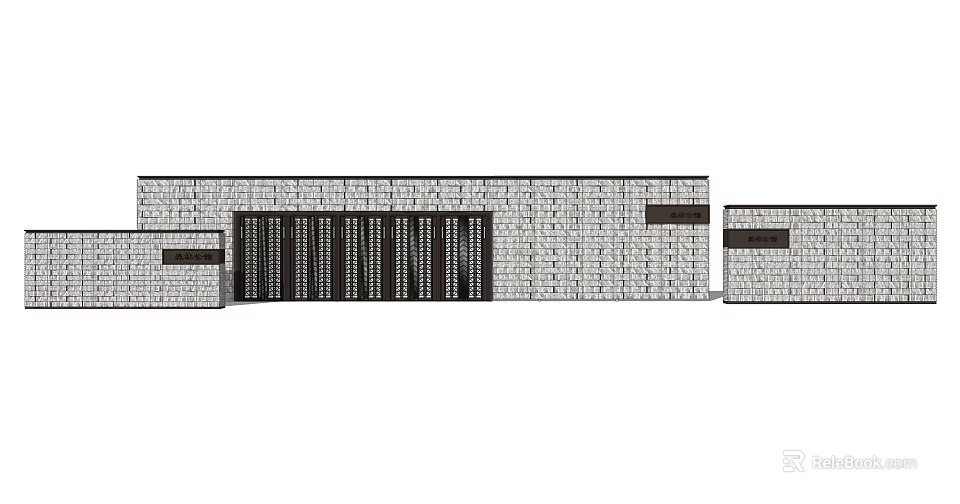 Exterior Brick Feature Wall With Grille Door And Decorative Panels 3d model 