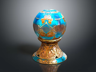 Ornate Blue Sphere Ornament With Gold Decorations And Carved Golden Base 3d model