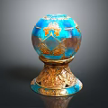 Ornate Blue Sphere Ornament With Gold Decorations And Carved Golden Base
