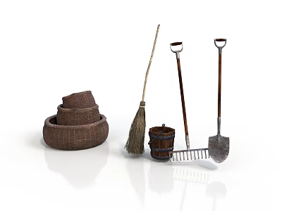 Essential Household Living Supplies Including Woven Baskets Broom Bucket Rake And Shovel 3d model