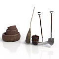 Essential Household Living Supplies Including Woven Baskets Broom Bucket Rake And Shovel
