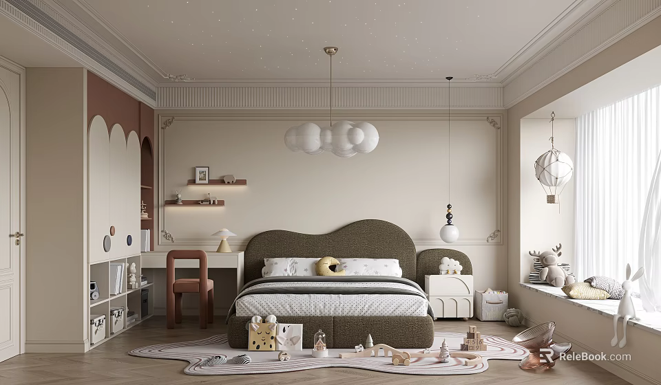 Whimsical Kids Room Interior With Starry Ceiling Cloud Pendant Light Green Headboard And White Wardrobe 3d model 