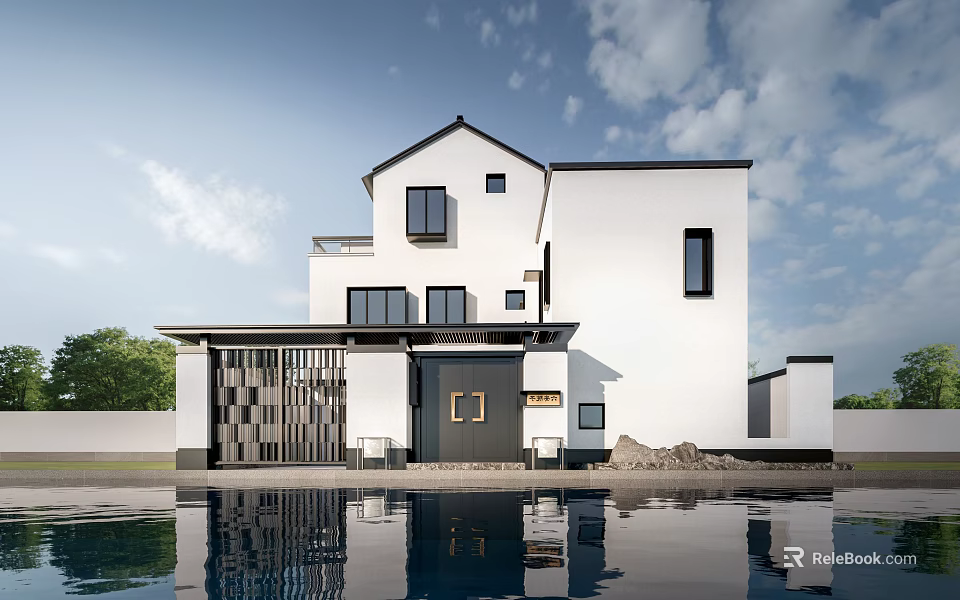 Detached Villa With White Exterior Black Accents Large Windows And Front Water Pool 3d model 