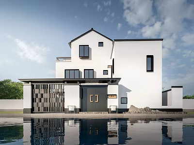 Detached Villa With White Exterior Black Accents Large Windows And Front Water Pool 3d model