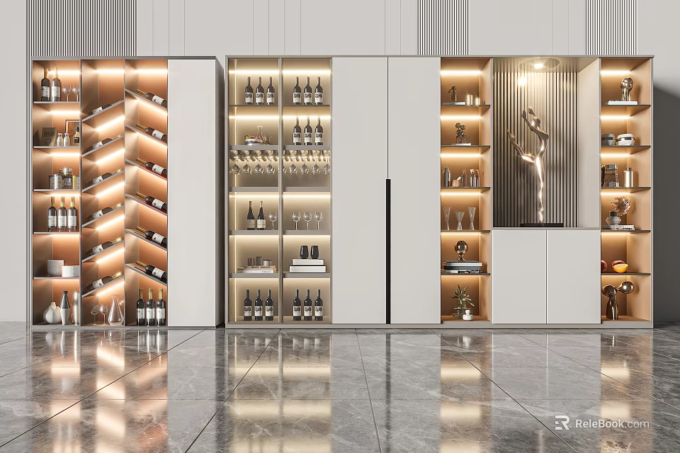 Modern Wine Cabinet Design With Built in Lighting Glass Shelves And Wine Bottles 3d model 