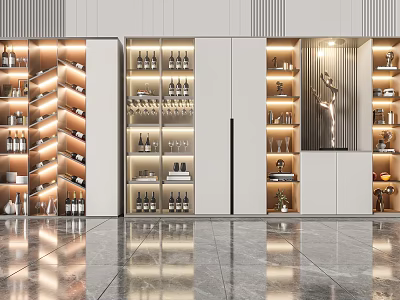 Modern Wine Cabinet Design With Built in Lighting Glass Shelves And Wine Bottles 3d model