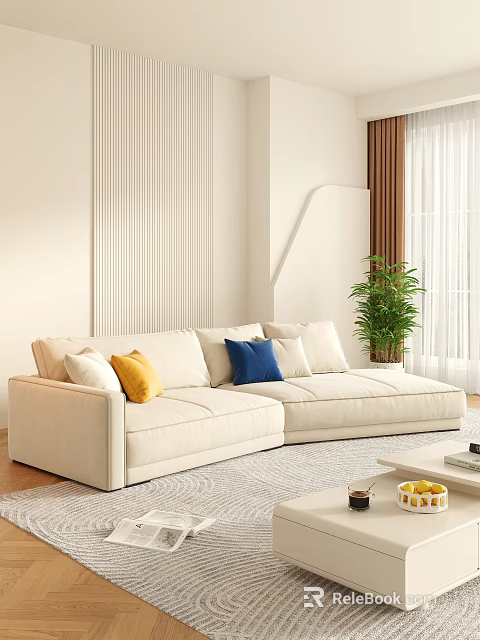 Beige Sectional Sofa with Yellow Blue White Cushions and Green Plant in Bright Room 3d model 