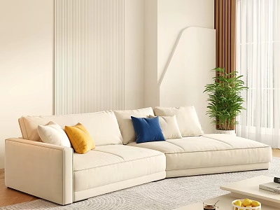 Beige Sectional Sofa with Yellow Blue White Cushions and Green Plant in Bright Room 3d model