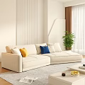 Beige Sectional Sofa with Yellow Blue White Cushions and Green Plant in Bright Room