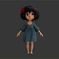3D Animated Game Character Girl With Short Black Hair Red Flower Blue Dress And Barefoot