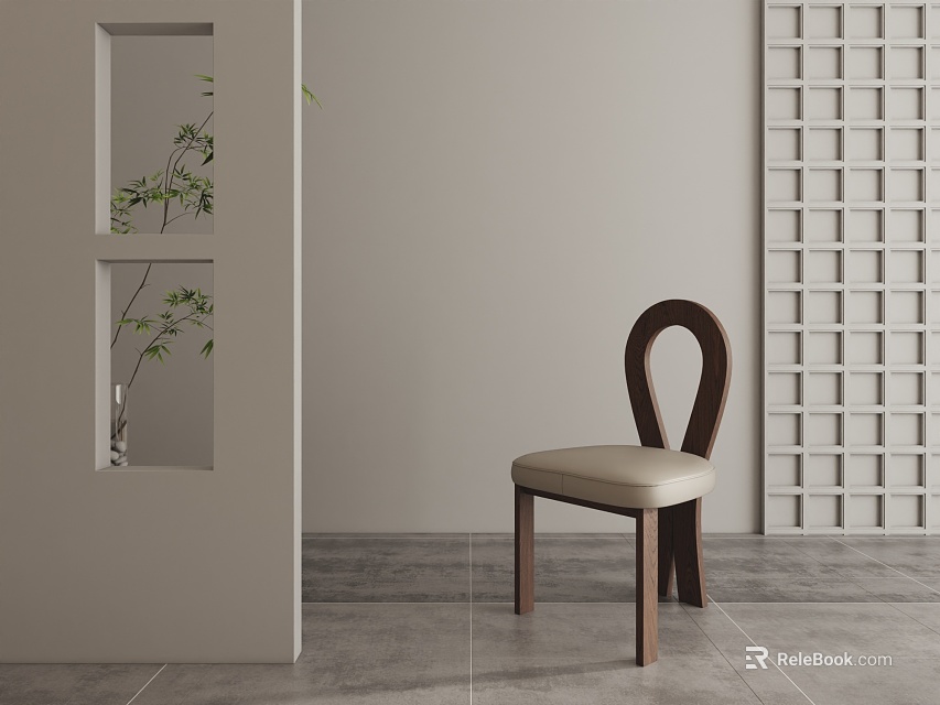 Minimalist Leisure Chair With Wooden Frame Beige Cushion Green Plant And Neutral Wall In Modern Room 3d model 