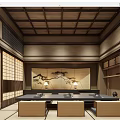 Traditional Japanese Private Room Interior With Wooden Ceiling Tatami Seating And Screen Painting
