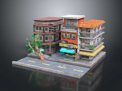 Multi Story Residential Buildings With Colorful Roofs Balconies Storefronts And Street Tree 3d model