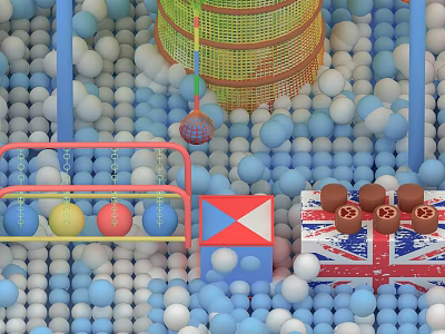 Cute Stuffed Doll in Colorful Ball Pit with Toy Basket and Union Jack Cube 3d model