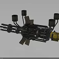 Futuristic Rotating Multiple Barrel Weapon Featuring Metal Structure And Yellow Components 3d model
