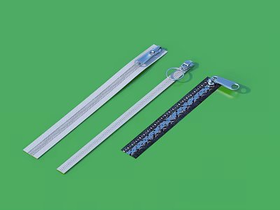 Three Different Daily Life Zipper Items with Metal Teeth and Patterned Design 3d model