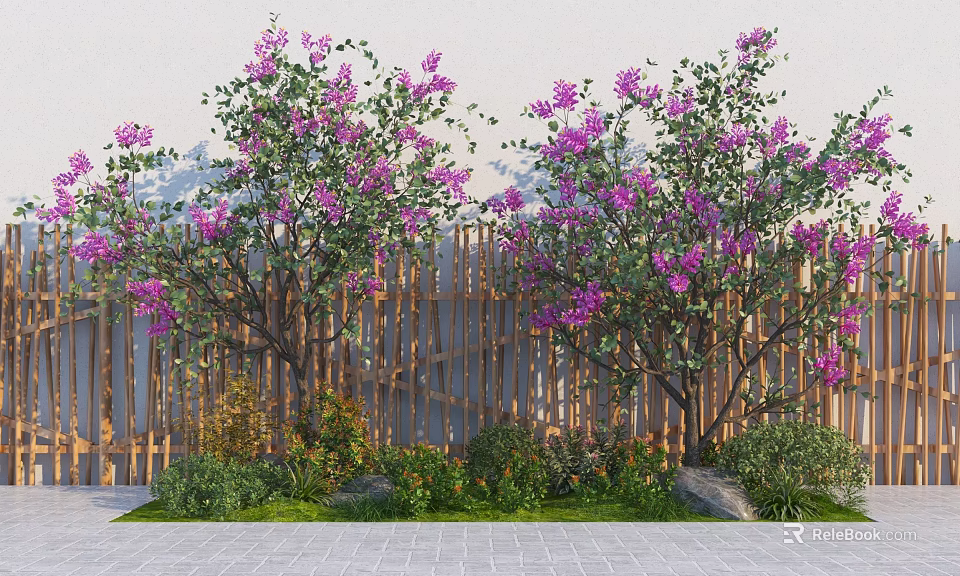 Beautiful Plant Combination With Purple Flowering Trees Green Shrubs Wooden Fence Stones And Gray Pavement 3d model 