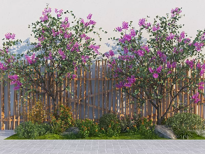 Beautiful Plant Combination With Purple Flowering Trees Green Shrubs Wooden Fence Stones And Gray Pavement 3d model