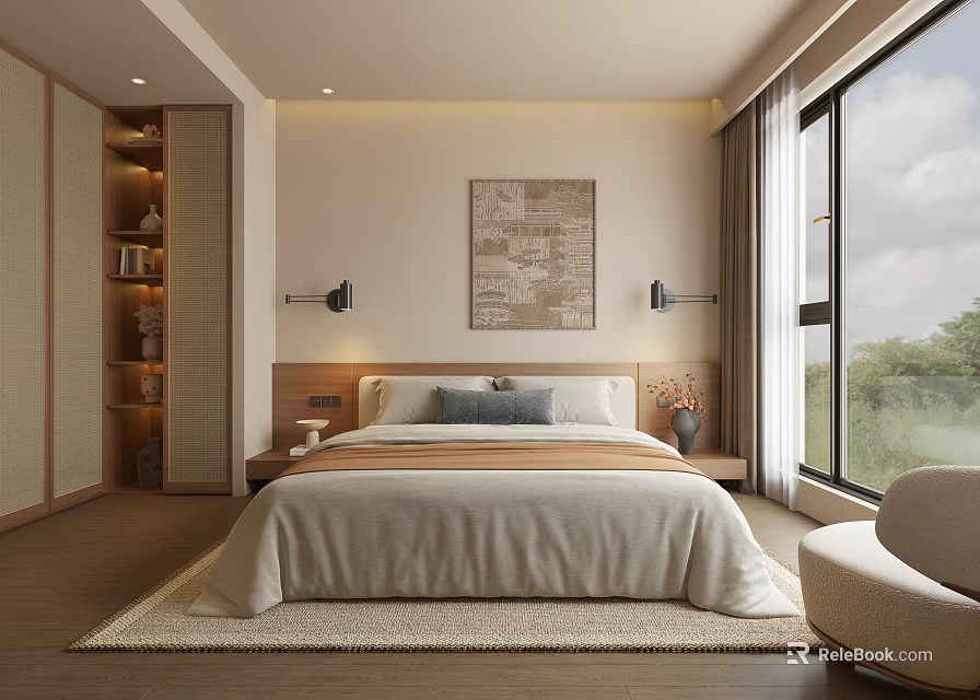 Modern Cozy Hotel Room With King Bed Wooden Headboard Soft Rug And Scenic View 3d model 