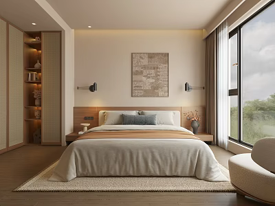 Modern Cozy Hotel Room With King Bed Wooden Headboard Soft Rug And Scenic View 3d model