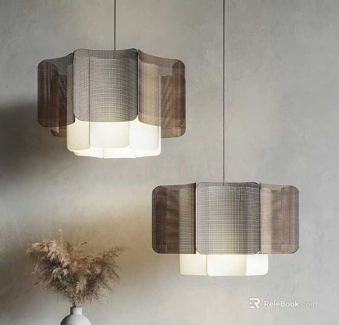 Modern Double Pendant Lights With Plaid Fabric Shade And Neutral Gray Wall Decor 3d model 