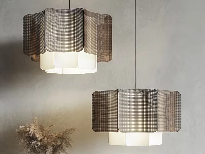Modern Double Pendant Lights With Plaid Fabric Shade And Neutral Gray Wall Decor 3d model