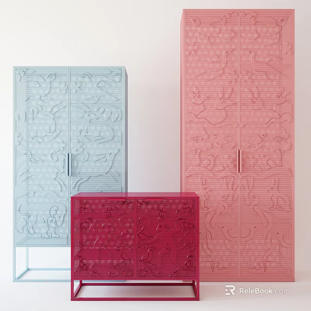 Colorful Wardrobes in Blue Pink Red with Intricate Carved Patterns Modern Design 3d model 