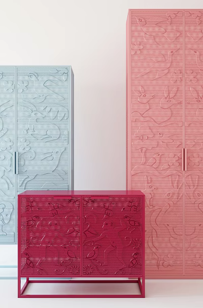 Colorful Wardrobes in Blue Pink Red with Intricate Carved Patterns Modern Design 3d model