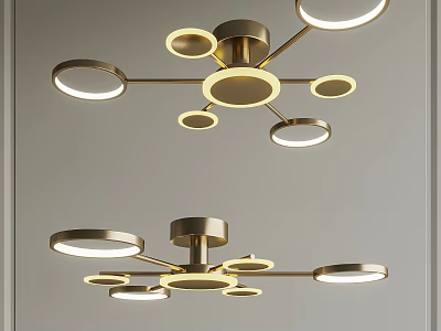 Modern Brass Chandelier Design With Branched Arms And Multiple Circular Light Rings 3d model