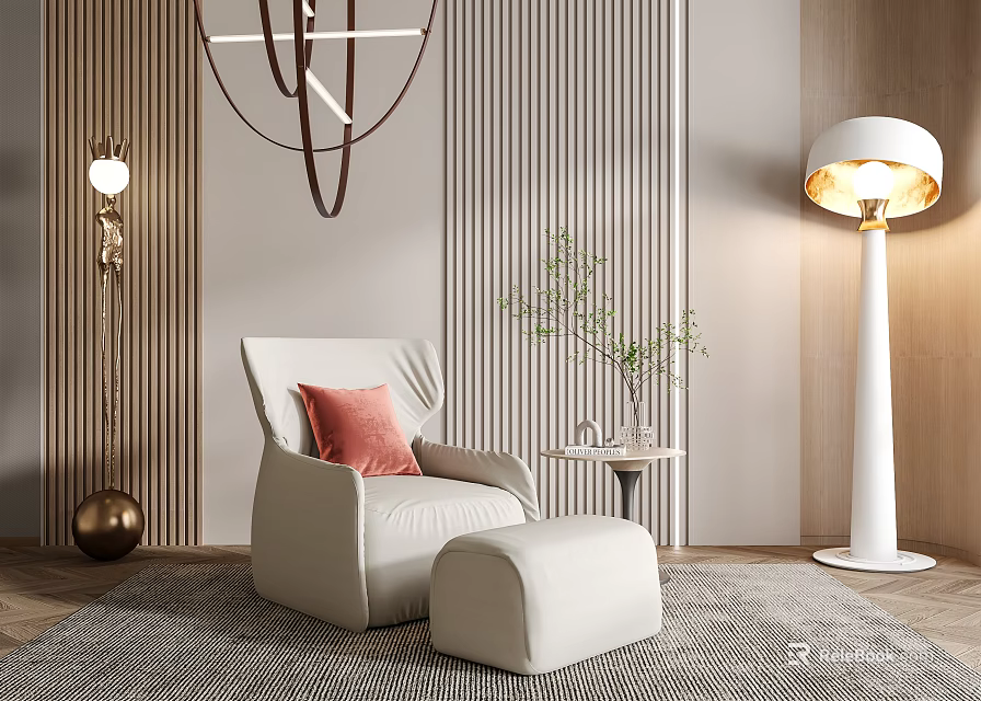 Modern White Single Sofa with Ottoman Striped Wall Floor Lamp Side Table and Potted Plant 3d model 