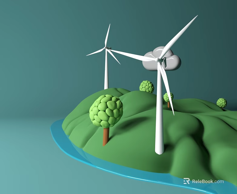 Modern Landscape Sculpture With Wind Turbines Green Hills Trees And Water 3d model 