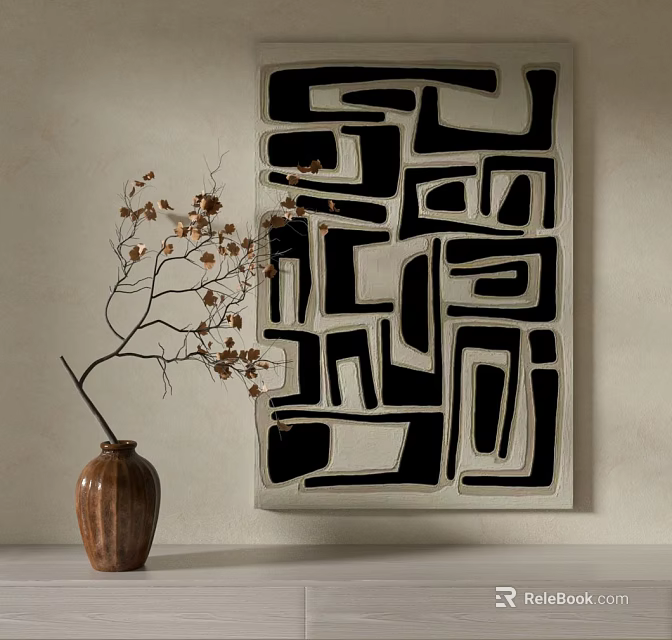 Abstract Black And White Geometric Wall Art With Brown Vase And Dried Branches 3d model 