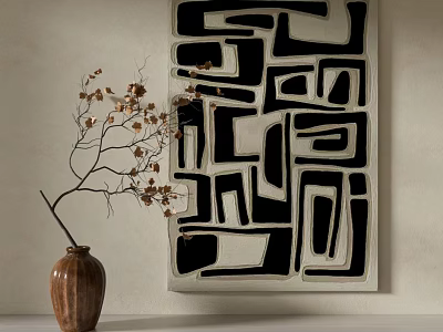 Abstract Black And White Geometric Wall Art With Brown Vase And Dried Branches 3d model