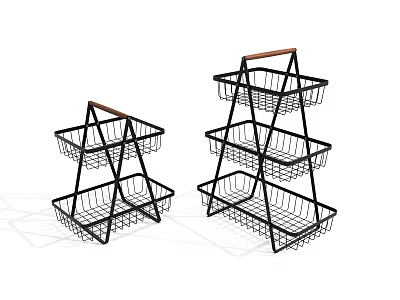 Black Metal Wire Storage Racks With Wooden Handles And Multiple Tiers 3d model