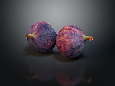 Two Juicy Fresh Ripe Figs With Purple Pink Skin On Black Reflective Surface 3d model
