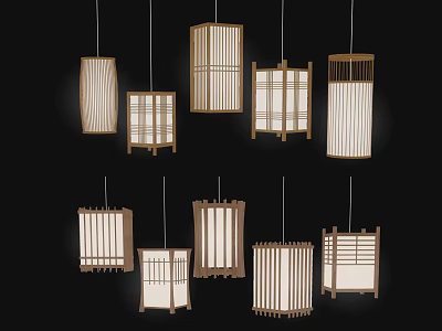 Multiple Wooden Frame Pendant Lights Featuring Lattice Design Against Black Background 3d model