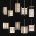 Multiple Wooden Frame Pendant Lights Featuring Lattice Design Against Black Background 3d model