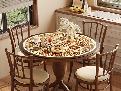 Round Wooden Dining Table with Beige Cushioned Chairs Colorful Patterned Mat and White Flowers 3d model