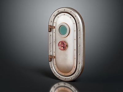 Oval Metal Hatch With Rivets Green Porthole And Red Knob On Watercraft 3d model