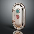 Oval Metal Hatch With Rivets Green Porthole And Red Knob On Watercraft