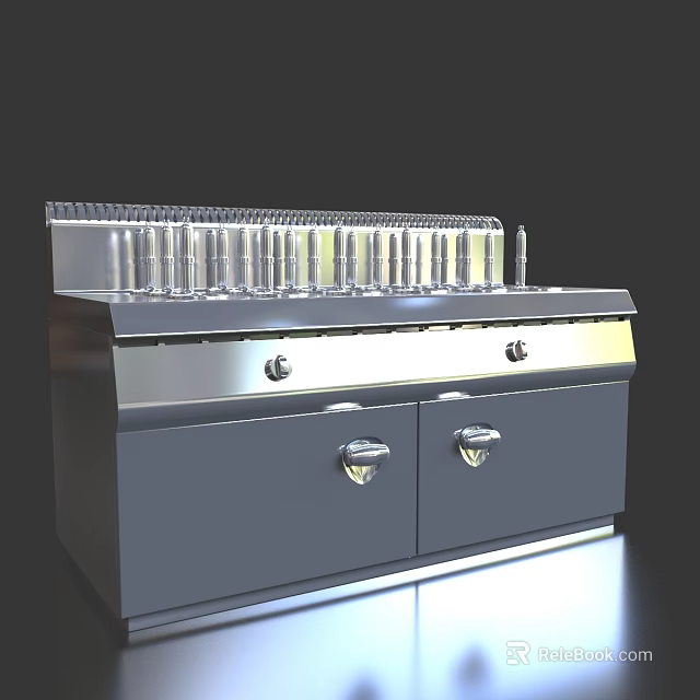 Stainless Steel Commercial Kitchen Cooking Equipment with Multiple Burners and Double Cabinet Doors Below 3d model 