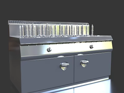 Stainless Steel Commercial Kitchen Cooking Equipment with Multiple Burners and Double Cabinet Doors Below 3d model