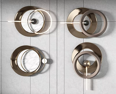 Modern Geometric Wall Decor with Metal Rings and Marble Details on Gray Wall 3d model