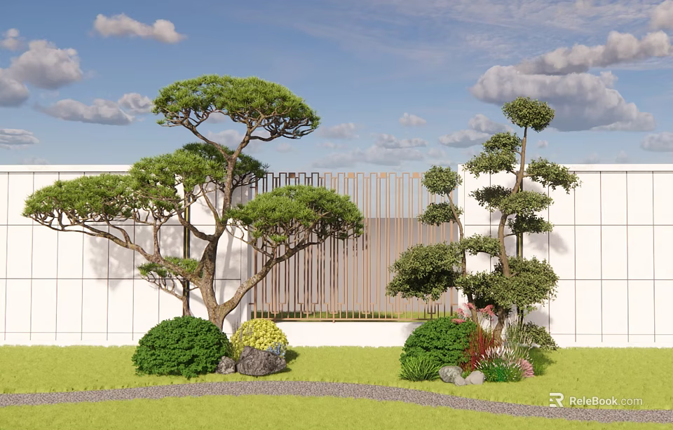 Garden With Pine Trees Green Bushes Lawn And Stone Decor Against White Wall 3d model 