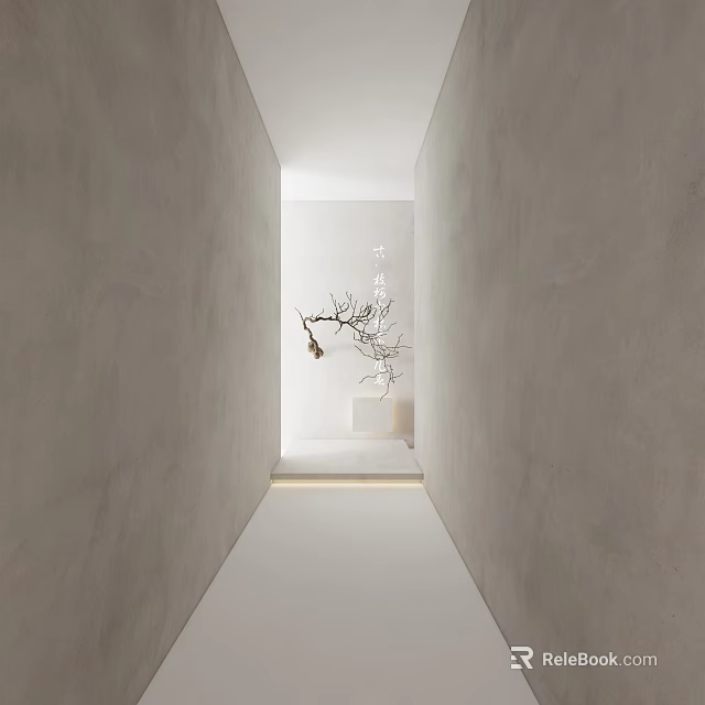 Chinese Garden Landscape Corridor With Gray Walls White Vase Dry Branches And Calligraphy 3d model 
