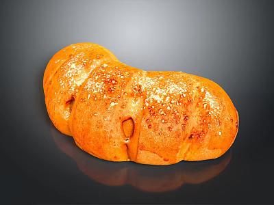 Freshly Baked Golden Curved Bread With Sesame Seeds And Shiny Crust 3d model