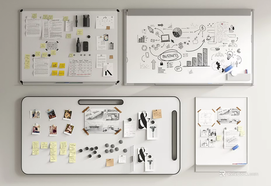 Creative Whiteboard Displays Featuring Musical Instruments Art Supplies Sketches Drawings and Notes 3d model 