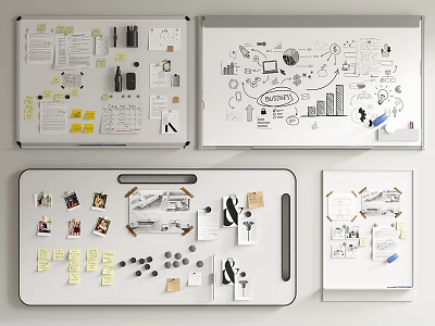Creative Whiteboard Displays Featuring Musical Instruments Art Supplies Sketches Drawings and Notes 3d model